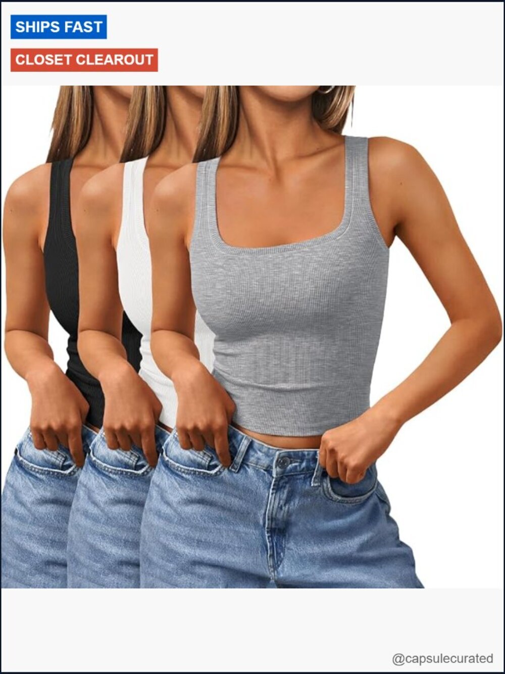 3 Pack Square Neck Ribbed Crop Tank Tops Soft Basic Camisoles